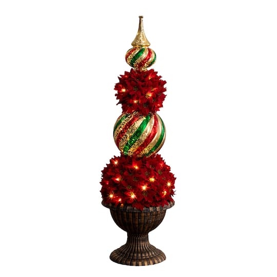 Nearly Natural 3ft. Pre-Lit Poinsettia Topiary with Finial Ornament Artificial Christmas Tree in Decorative Urn